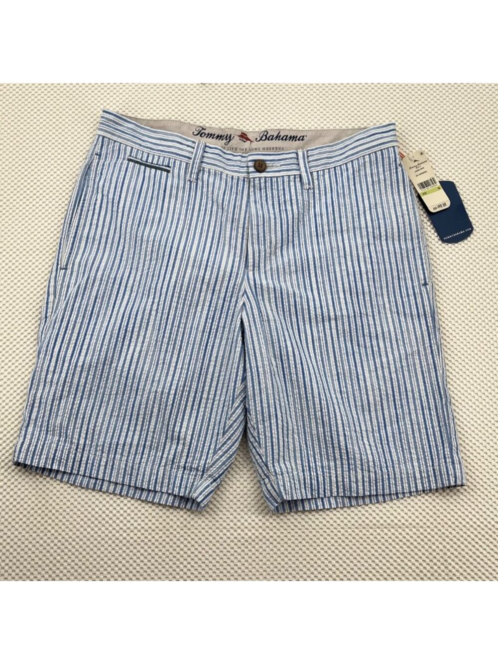 Tommy Bahama Mens Athens Stripe Blue & White Shorts Size 30 Cotton Blend NWT